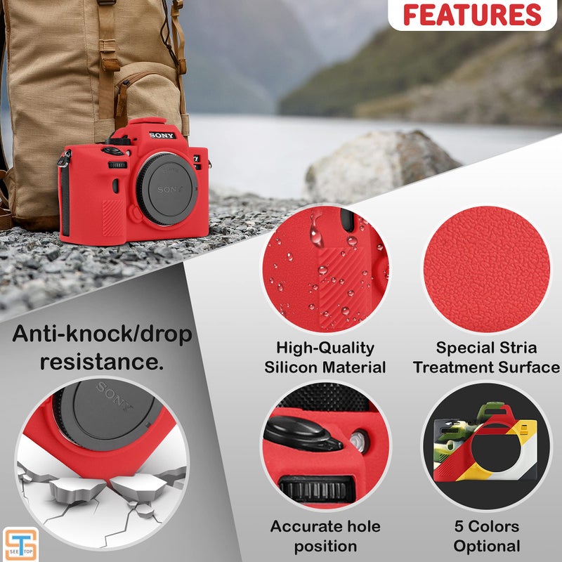 STSEETOP Camera Case Compatible with Sony A7III A7RIII Sony ILCE-7RIII A73 A7R3 - Protective Silicone DSLR Skin Cover, Detachable Cage, Shockproof, Dustproof(Red) - Image 2